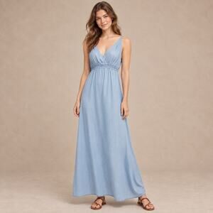 Anthropologie Holding Horses Malpais Blue Chambray Surplice Maxi Dress Size US 2